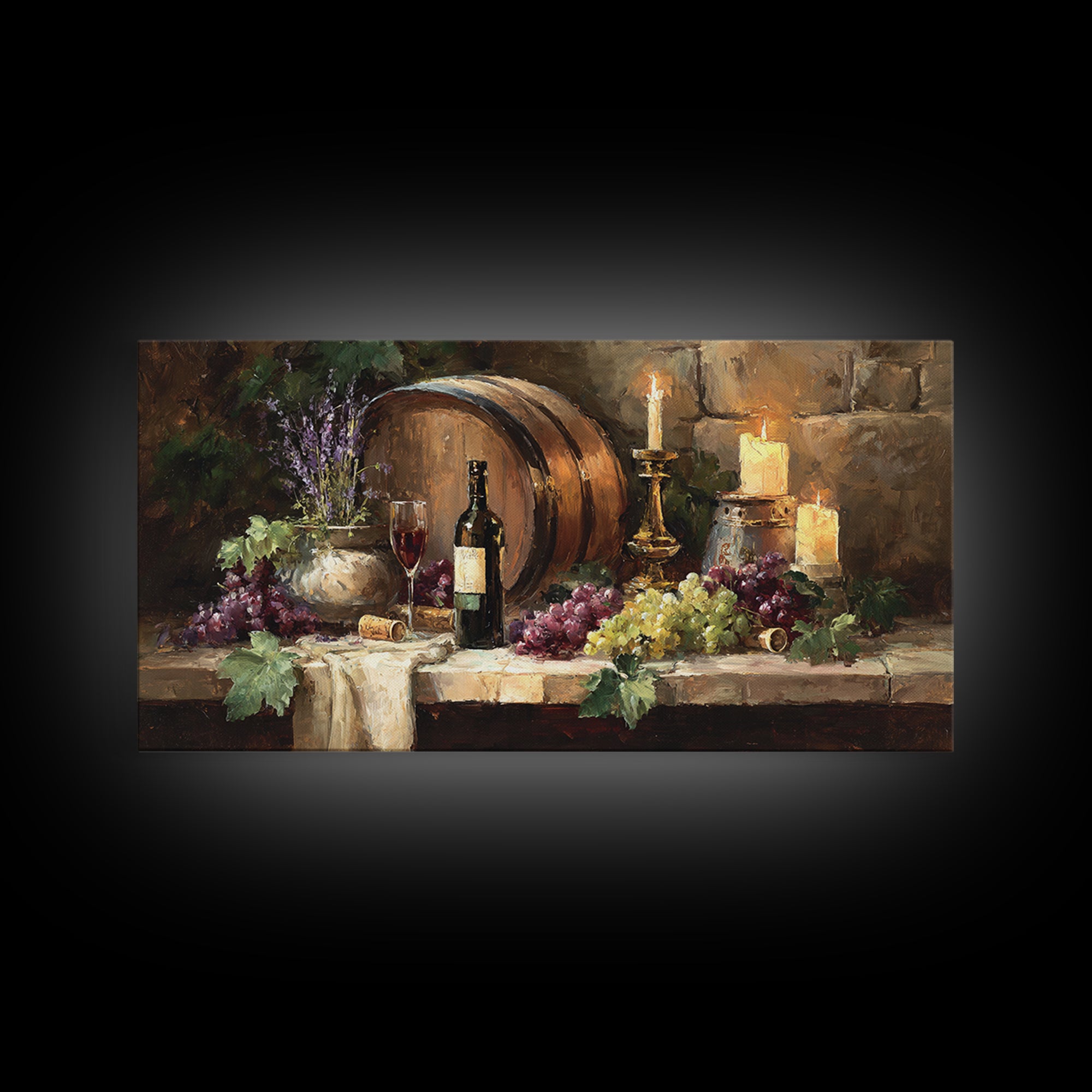 Wine Barrel with Lavender and Sunlight Canvas Print, Winery Art, Oil Painting, Winery Decor, Watercolor Art, Vineyard, WIN-2x1-74