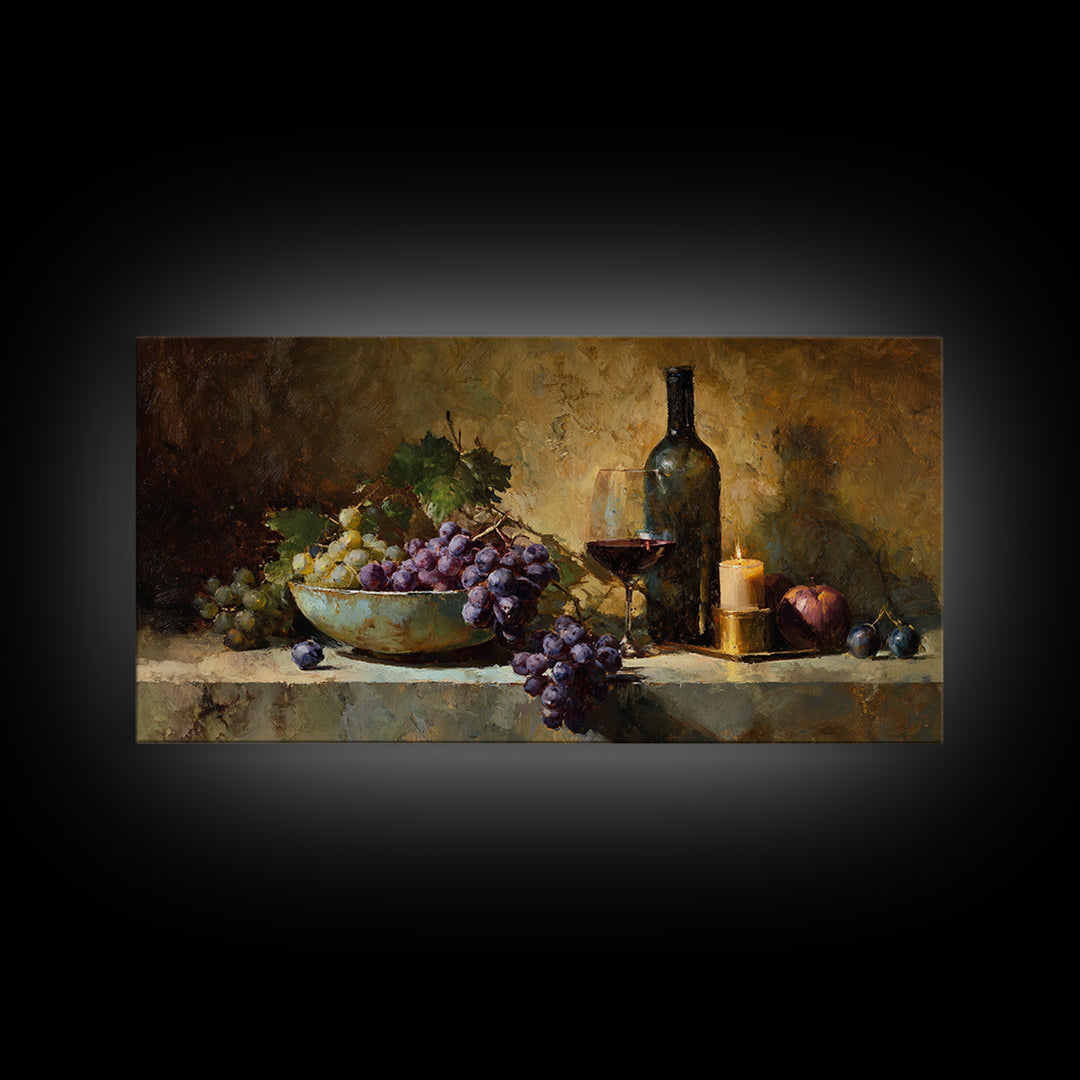 Grapes in a Ceramic Bowl with Shadows Canvas Print, Winery Art, Farmhouse Decor, Winery Decor, Oil Painting, Vineyard, WIN-2x1-77