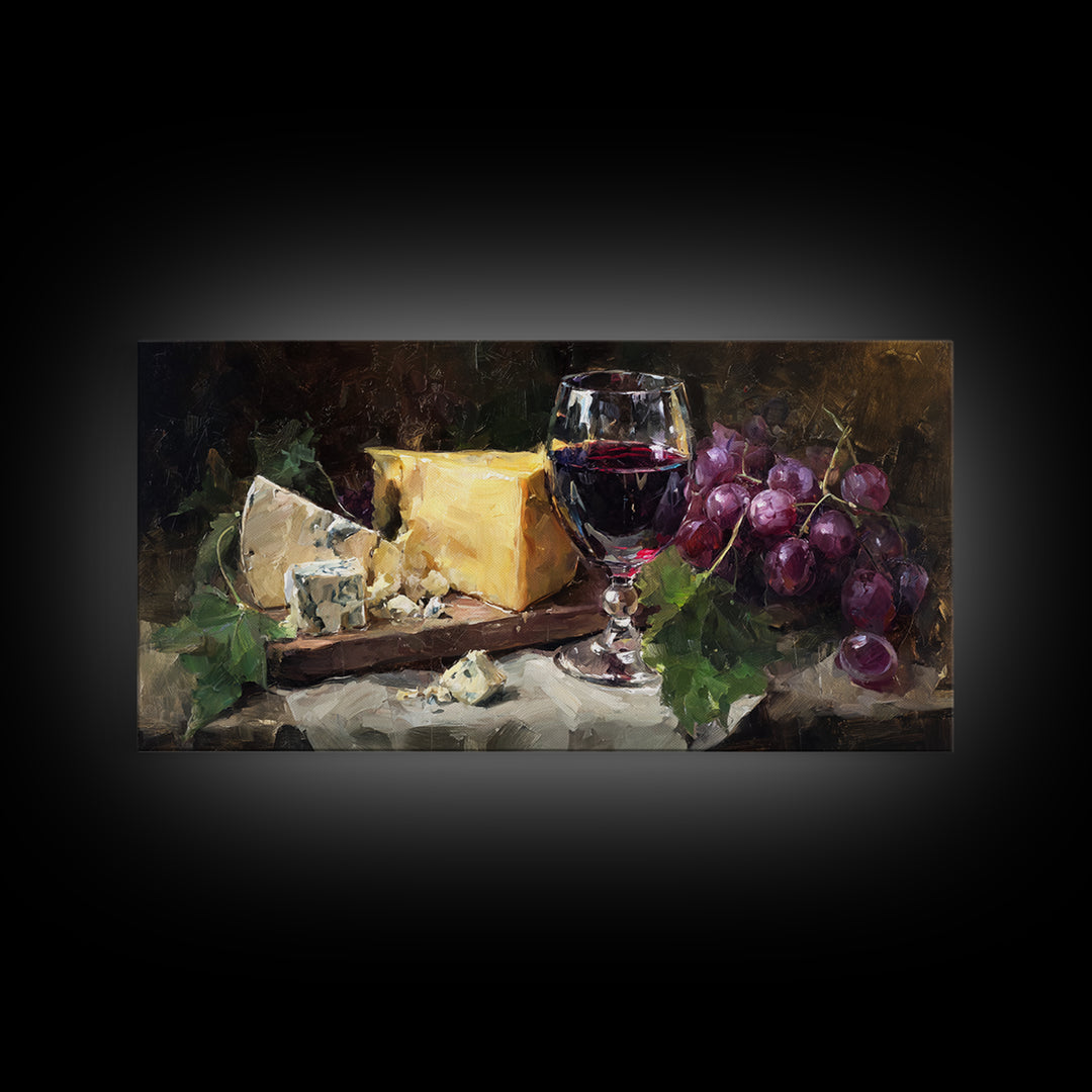 Charcuterie Board with Grapes and Cheese Framed Canvas Print, Winery Art, Painting, Winery Decor, Fine Art, Vineyard, WIN-2x1-9