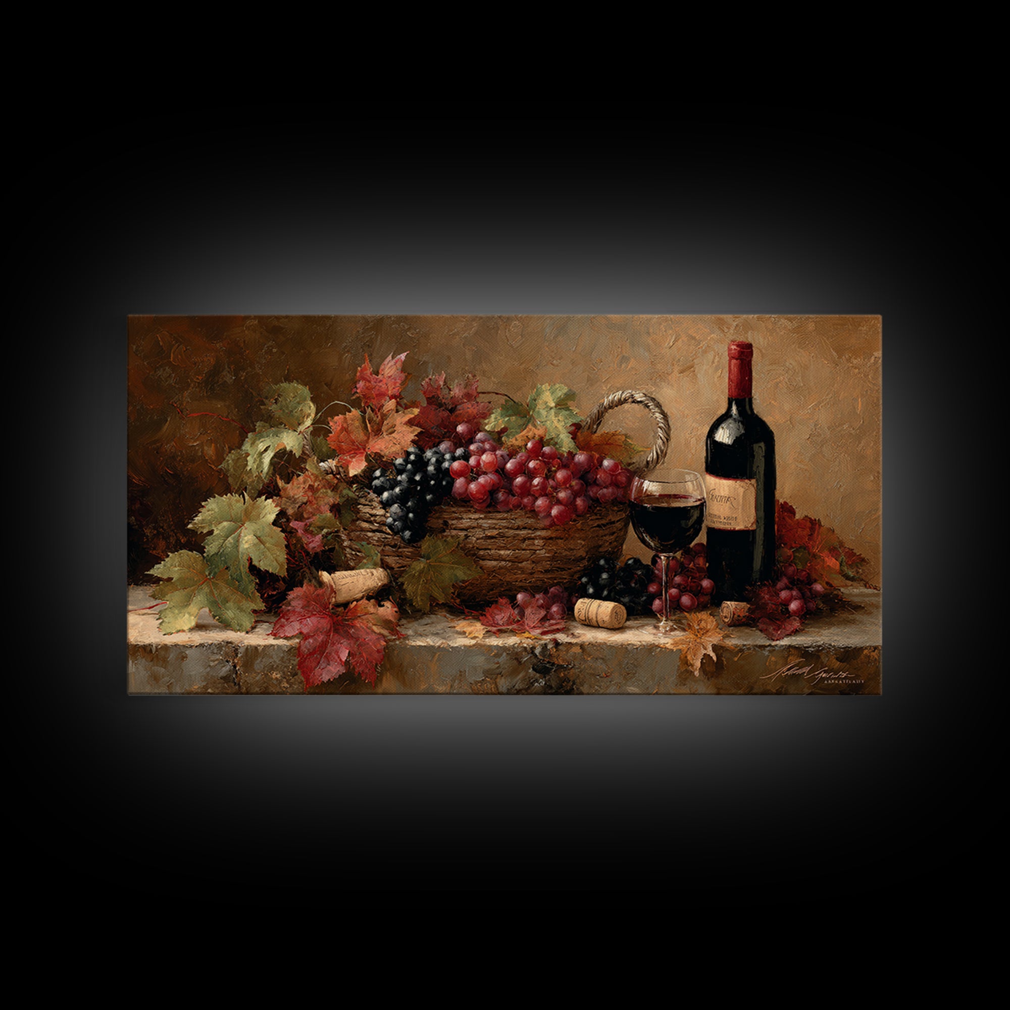 Wine Harvest Basket Framed Canvas Print, Winery Art, Art Print, Winery Decor, Oil Painting, Vineyard, Watercolor Painting, WIN-2x1-90