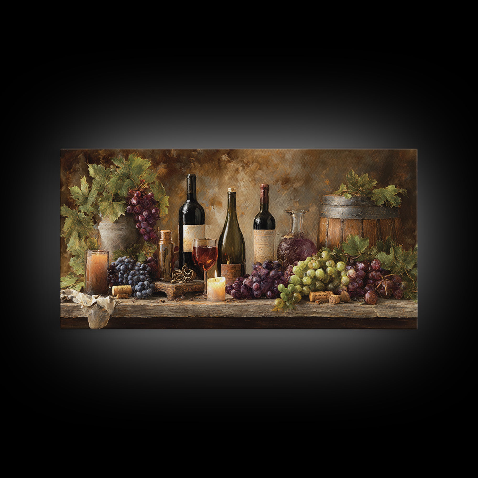 Corkscrew and Corks on Rustic Wood Framed Canvas Print, Winery Art, Kitchen Wall Decor, Winery Decor, Oil Painting, Vineyard, WIN-2x1-96
