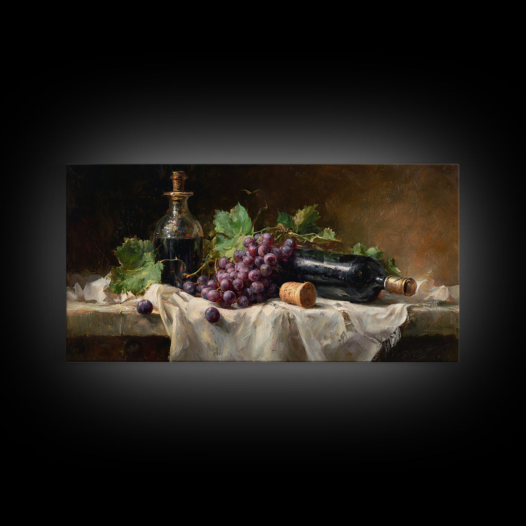 Champagne Grapes and White Linen Still Life Framed Canvas Print, Winery Art, Watercolor Painting, Winery Decor, Abstract Art, WIN-2x1-97