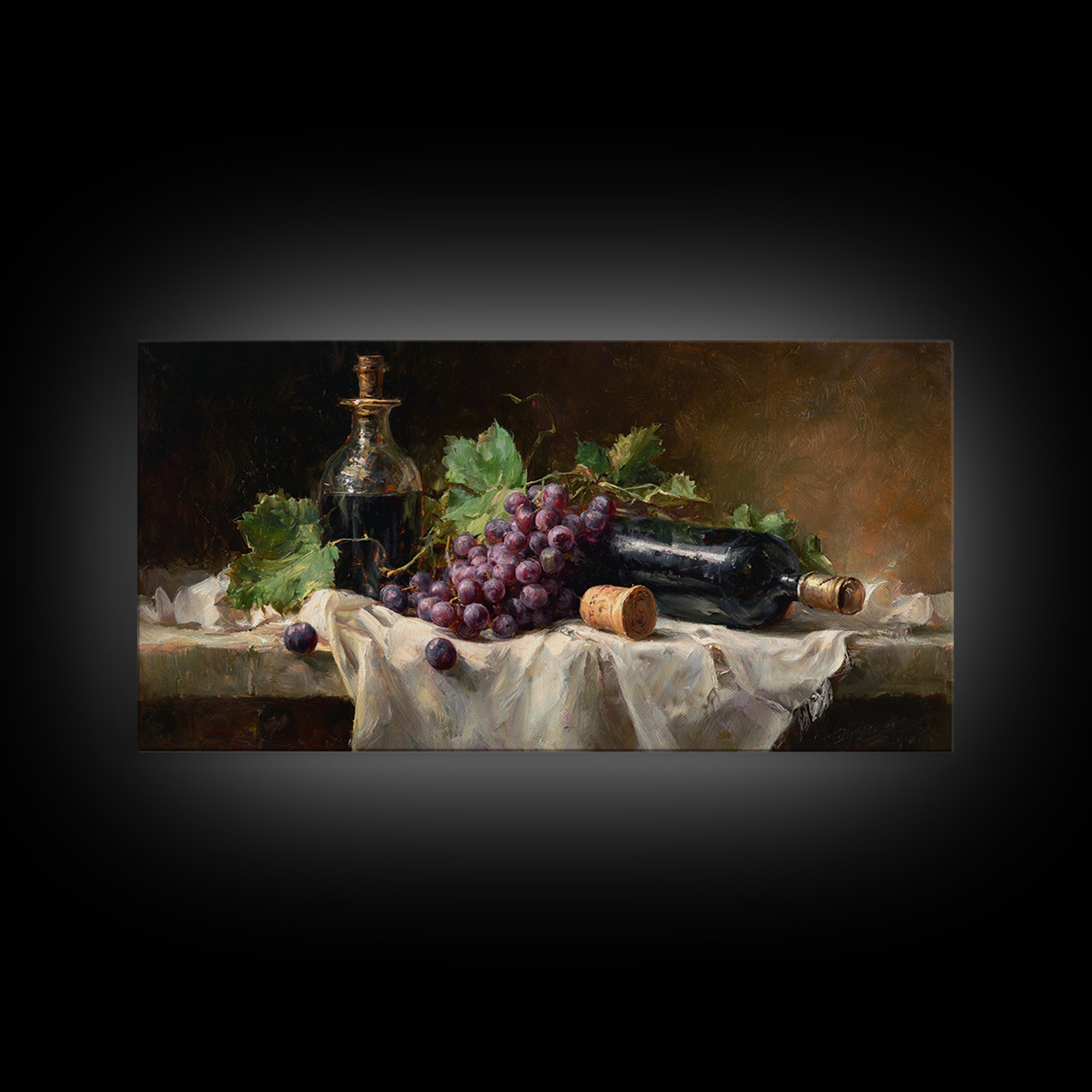 Champagne Grapes and White Linen Still Life Framed Canvas Print, Winery Art, Watercolor Painting, Winery Decor, Abstract Art, WIN-2x1-97