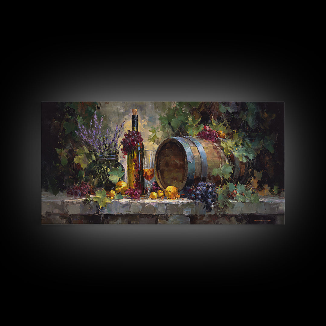 Wine Barrel with Lavender and Sunlight Canvas Print, Winery Art, Oil Painting, Winery Decor, Watercolor Art, Vineyard, WIN-2x1-98