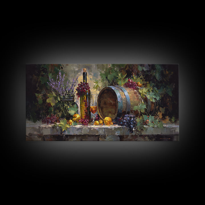 Wine Barrel with Lavender and Sunlight Canvas Print, Winery Art, Oil Painting, Winery Decor, Watercolor Art, Vineyard, WIN-2x1-98