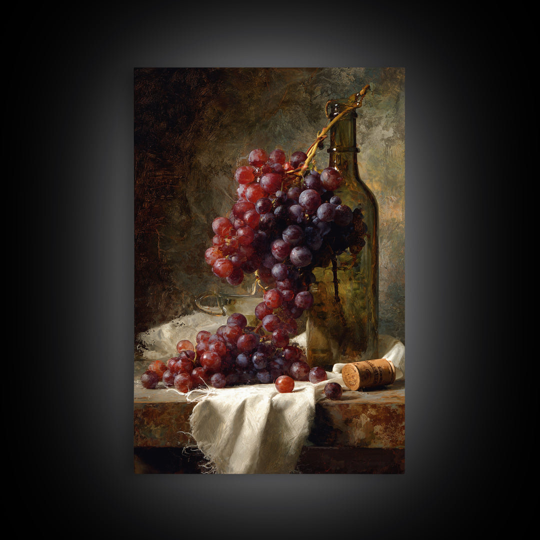Champagne Grapes and White Linen Still Life Framed Canvas Print, Winery Art, Artwork, Winery Decor, Abstract Art, Vineyard, WIN-2x3-13