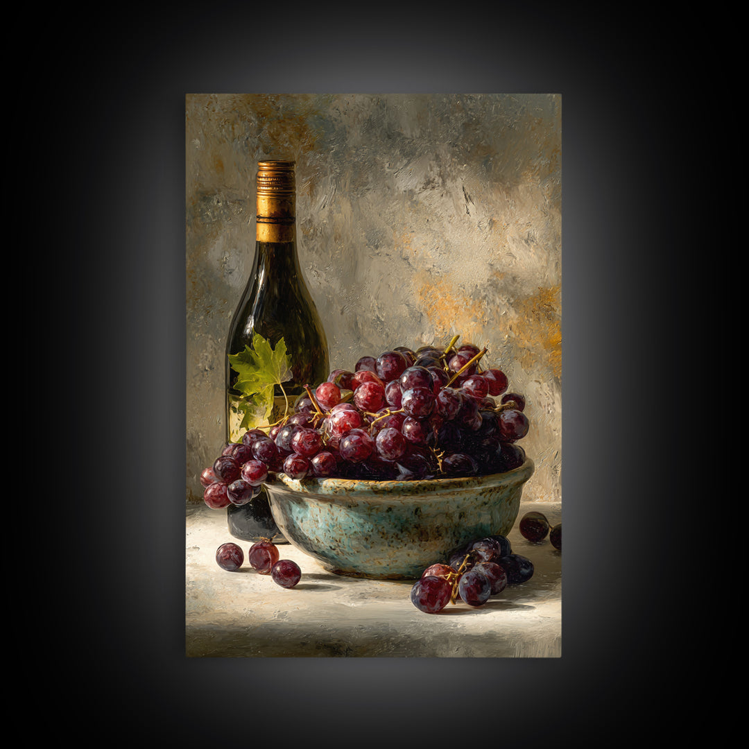 Grapes in a Ceramic Bowl with Shadows Framed Canvas Print, Winery Art, Kitchen Decor, Winery Decor, Abstract Art, Vineyard, WIN-2x3-17