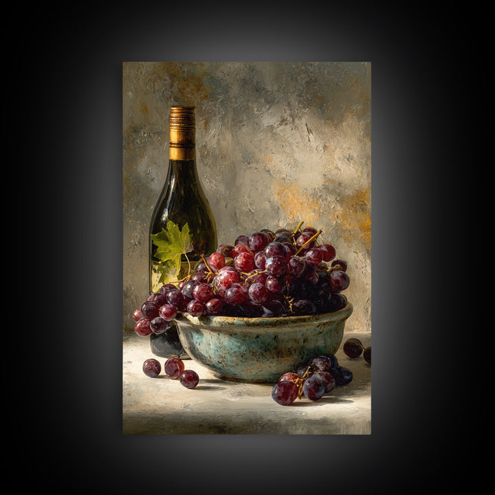 Grapes in a Ceramic Bowl with Shadows Framed Canvas Print, Winery Art, Kitchen Decor, Winery Decor, Abstract Art, Vineyard, WIN-2x3-17
