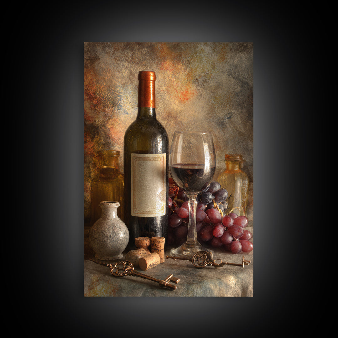 Old Cellar Key and Wine Label Shapes Framed Canvas Print, Winery Art, Farmhouse Decor, Winery Decor, Abstract Art, Vineyard, WIN-2x3-20
