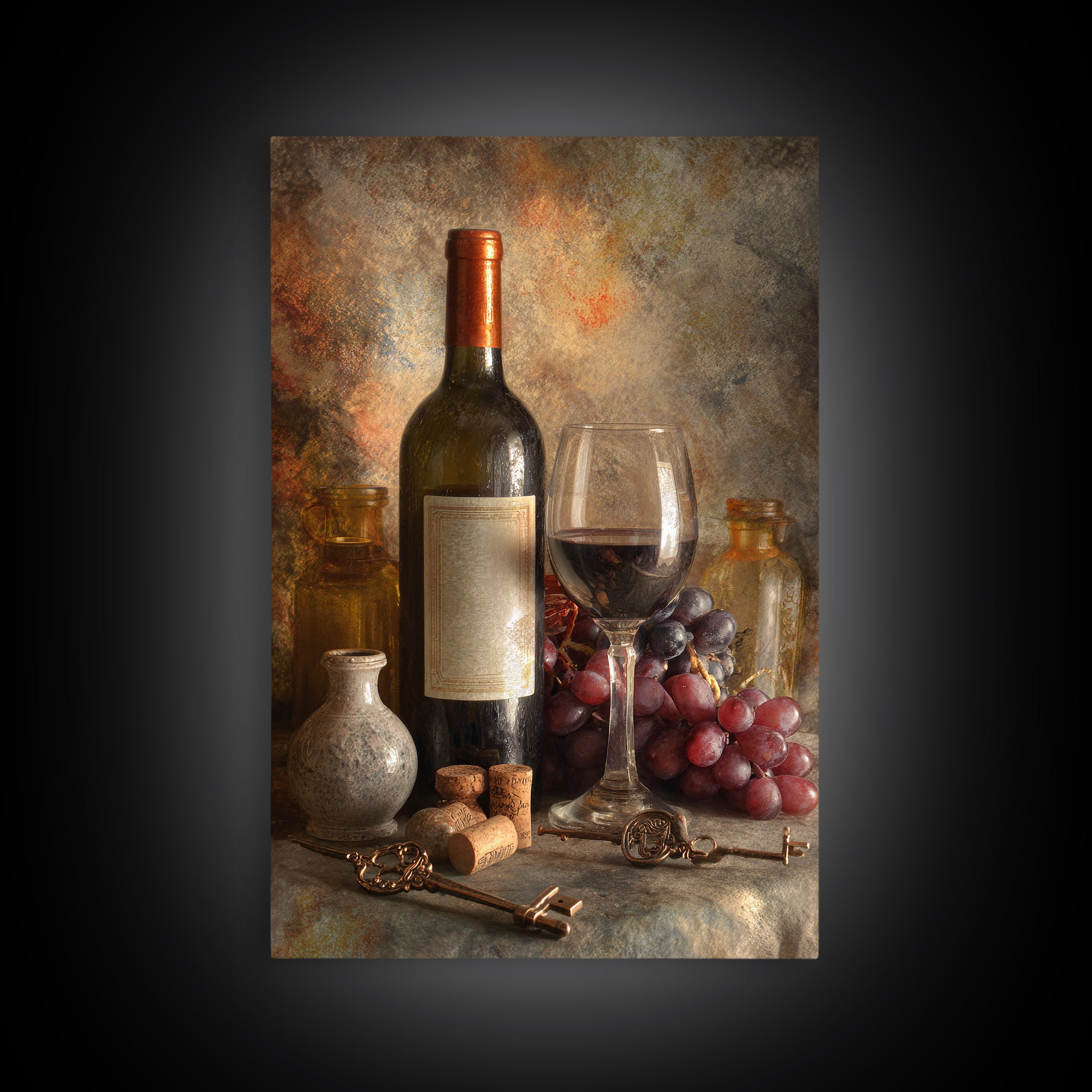 Old Cellar Key and Wine Label Shapes Framed Canvas Print, Winery Art, Farmhouse Decor, Winery Decor, Abstract Art, Vineyard, WIN-2x3-20