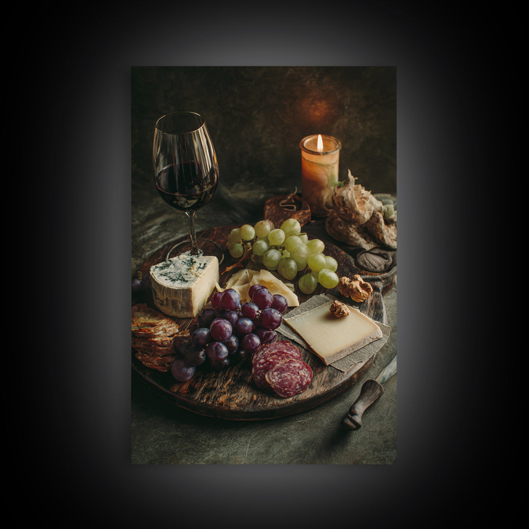 Charcuterie Board with Grapes and Cheese Framed Canvas Print, Winery Art, Art Print, Winery Decor, Oil Painting, Vineyard, WIN-2x3-21