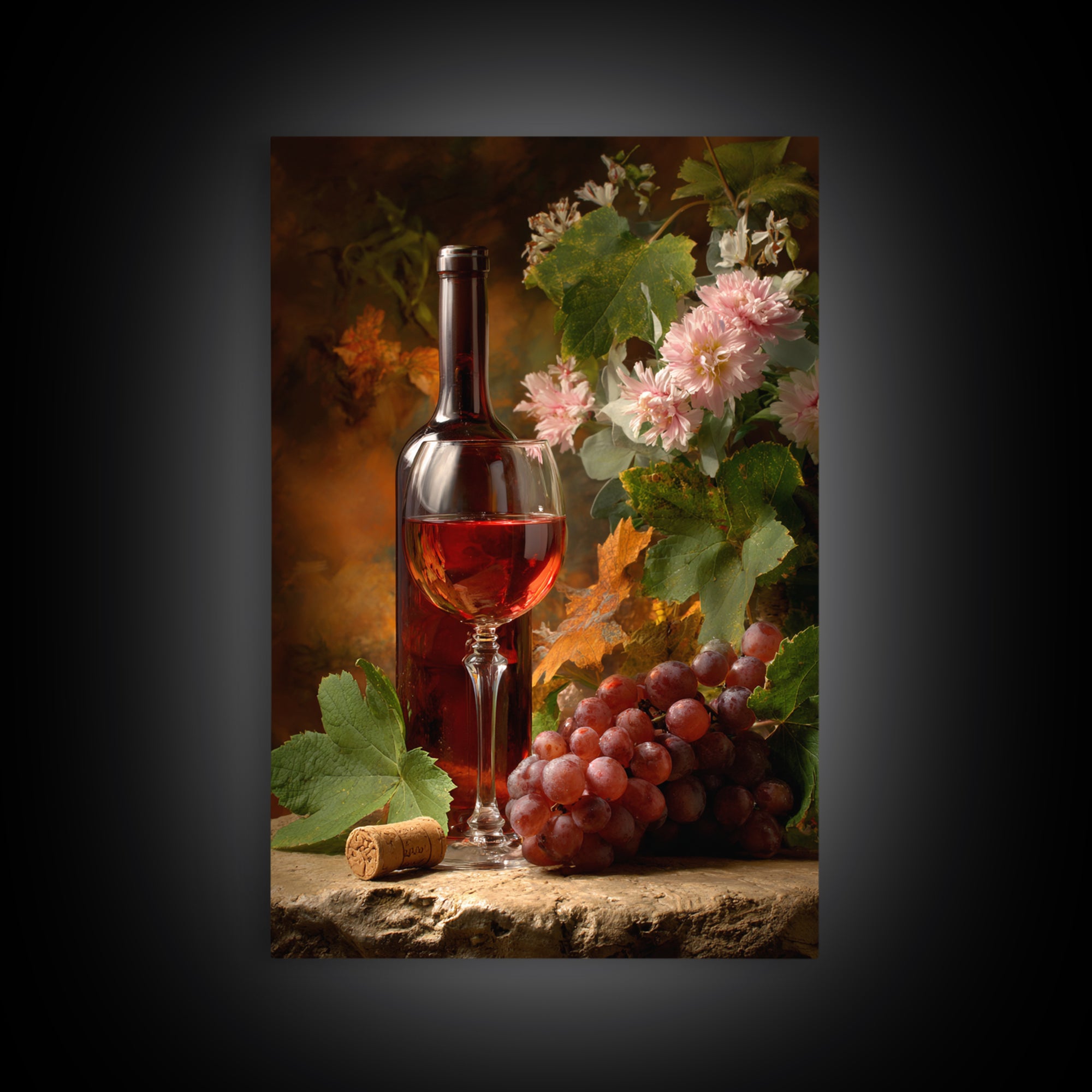 Ros Glass Beside Summer Flowers Framed Canvas Print, Winery Art, Art, Winery Decor, Fine Art, Vineyard, Farmhouse Decor, WIN-2x3-22