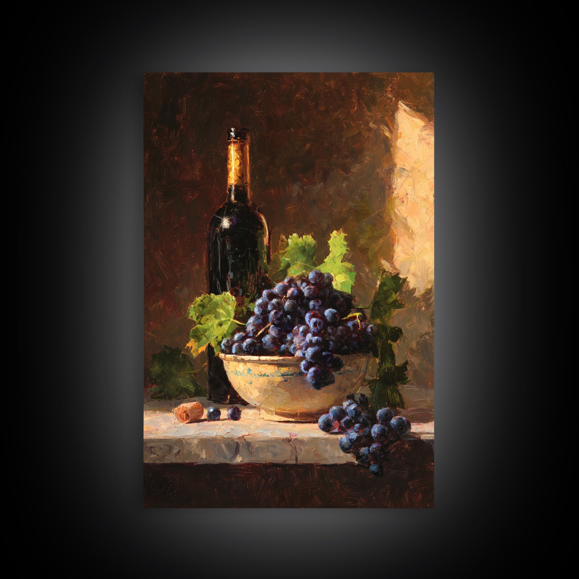 Grapes in a Ceramic Bowl with Shadows Framed Canvas Print, Winery Art, Kitchen Decor, Winery Decor, Abstract Art, Vineyard, WIN-2x3-41