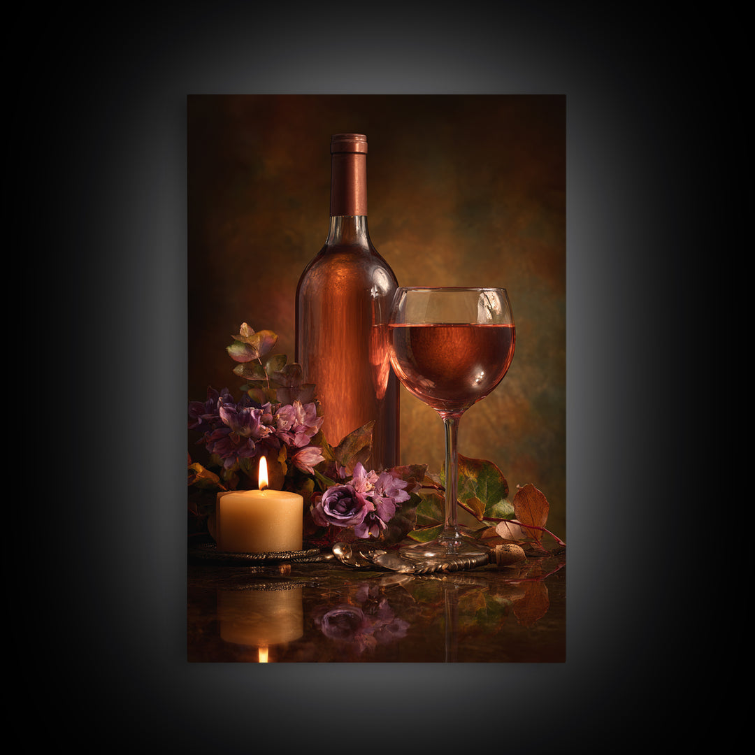 Ros Glass Beside Summer Flowers Framed Canvas Print, Winery Art, Art, Winery Decor, Fine Art, Vineyard, Farmhouse Decor, WIN-2x3-46