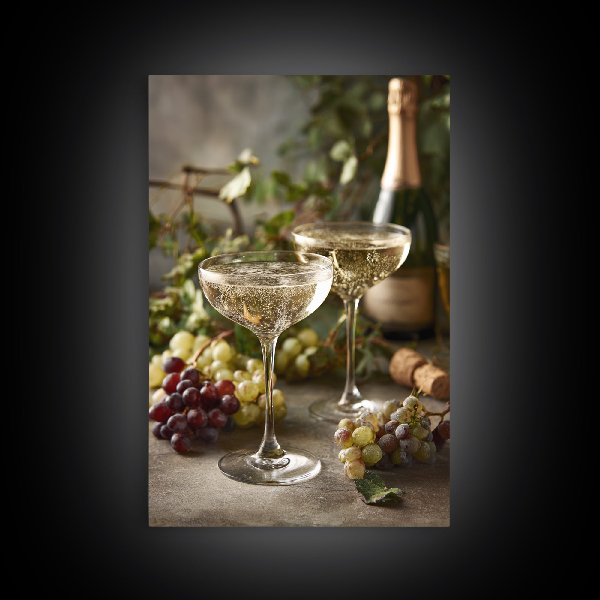 Champagne Coupe with Bubbles and Light Framed Canvas Print, Winery Art, Art Print, Winery Decor, Oil Painting, Vineyard, WIN-2x3-51