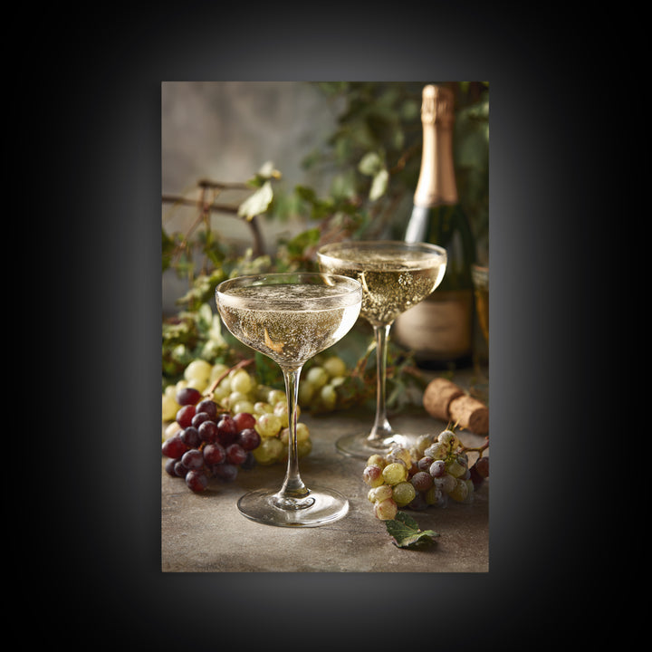 Champagne Coupe with Bubbles and Light Framed Canvas Print, Winery Art, Art Print, Winery Decor, Oil Painting, Vineyard, WIN-2x3-51