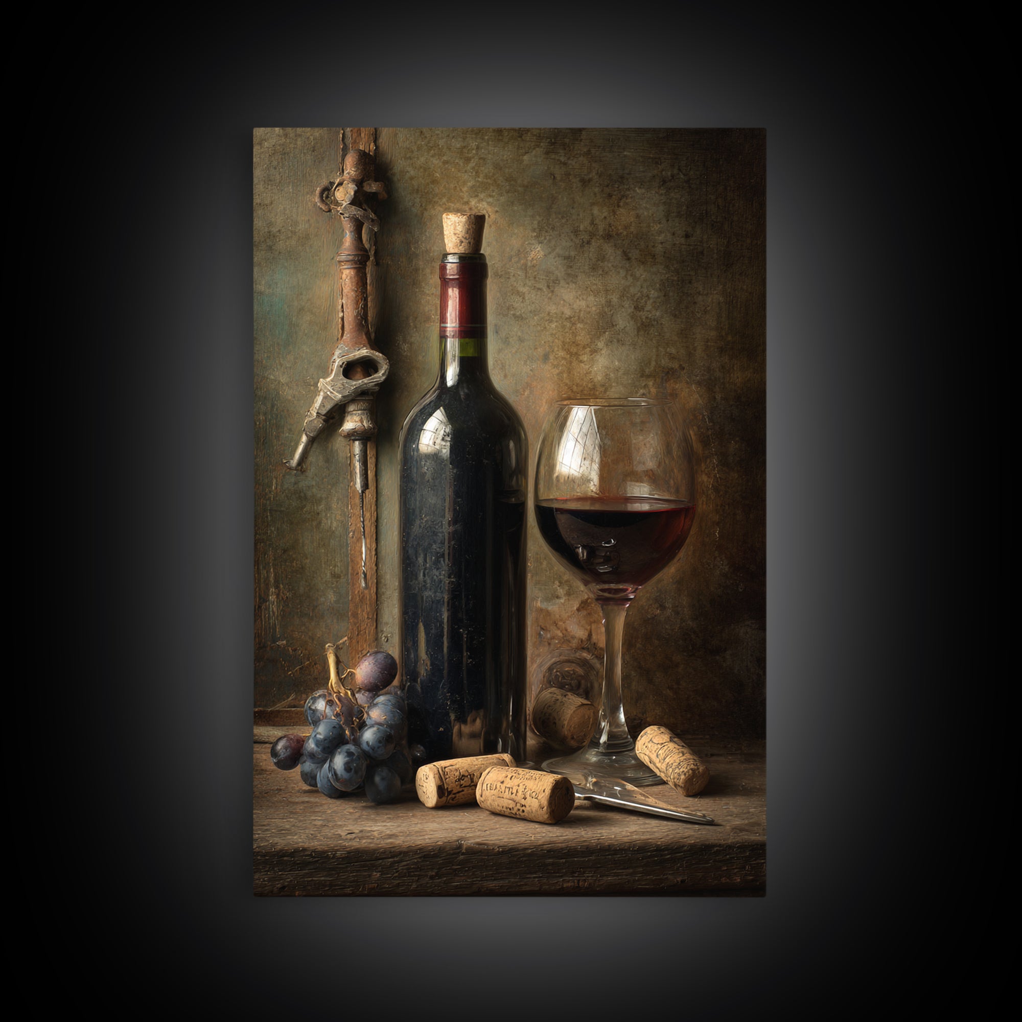 Corkscrew and Corks on Rustic Wood Framed Canvas Print, Winery Art, Wall Hanging, Winery Decor, Vineyard, Preppy Wall Art, WIN-2x3-60