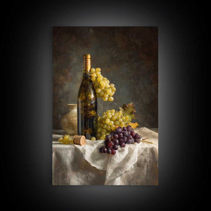 Champagne Grapes and White Linen Still Life Canvas Print, Winery Art, Living Room Decor, Winery Decor, Fine Art, Vineyard, WIN-2x3-61