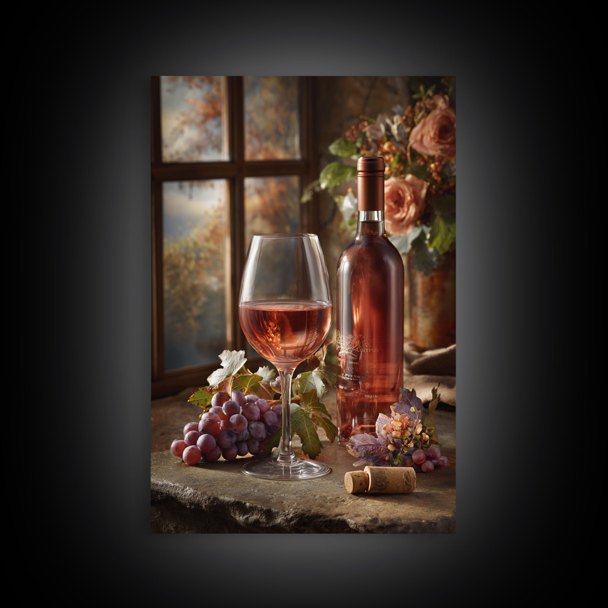 Ros Glass Beside Summer Flowers Canvas Print, Winery Art, Winery Decor, Oil Painting, Vineyard, Retro Wall Art, WIN-2x3-70
