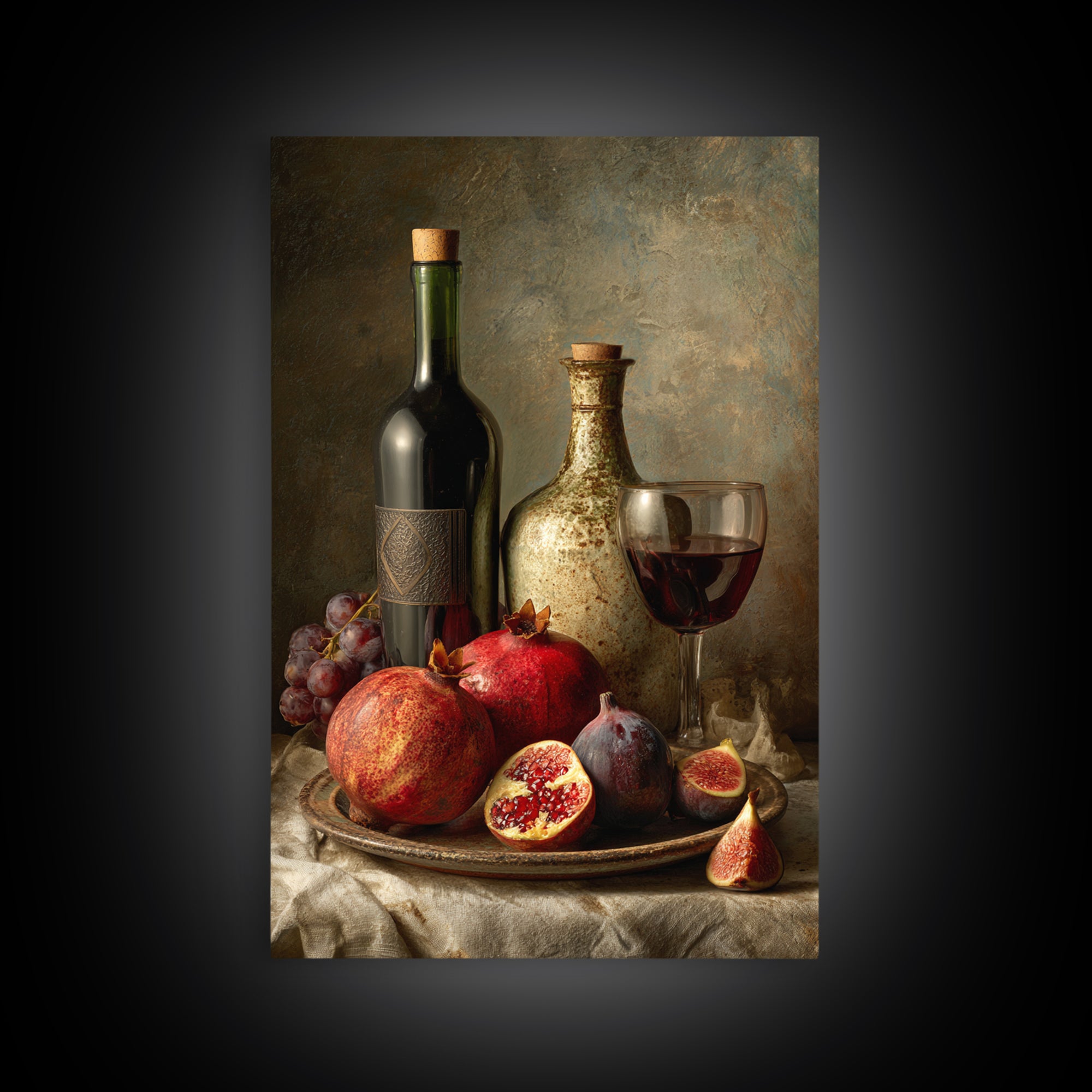 Pomegranate Figs and Red Wine Composition Framed Canvas Print, Winery Art, Watercolor Painting, Winery Decor, Vineyard, WIN-2x3-73