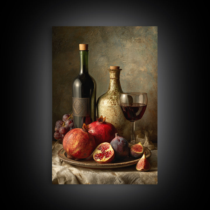 Pomegranate Figs and Red Wine Composition Framed Canvas Print, Winery Art, Watercolor Painting, Winery Decor, Vineyard, WIN-2x3-73