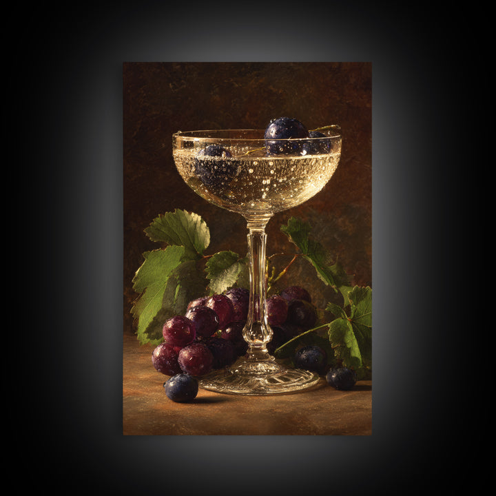 Champagne Coupe with Bubbles and Light Framed Canvas Print, Winery Art, Wall Art Print, Winery Decor, Fine Art, Vineyard, WIN-2x3-75