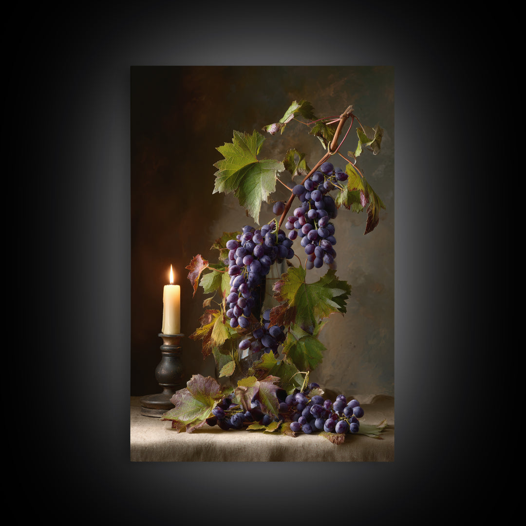 Grapevine Branch with Purple Grapes and Leaves Canvas Print, Winery Art, Kitchen Wall Decor, Winery Decor, Fine Art, Vineyard, WIN-2x3-81