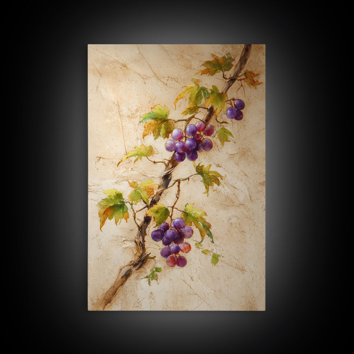Grapevine Branch with Purple Grapes and Leaves Canvas Print, Winery Art, Wall Hanging, Winery Decor, Watercolor Art, Vineyard, WIN-2x3-9