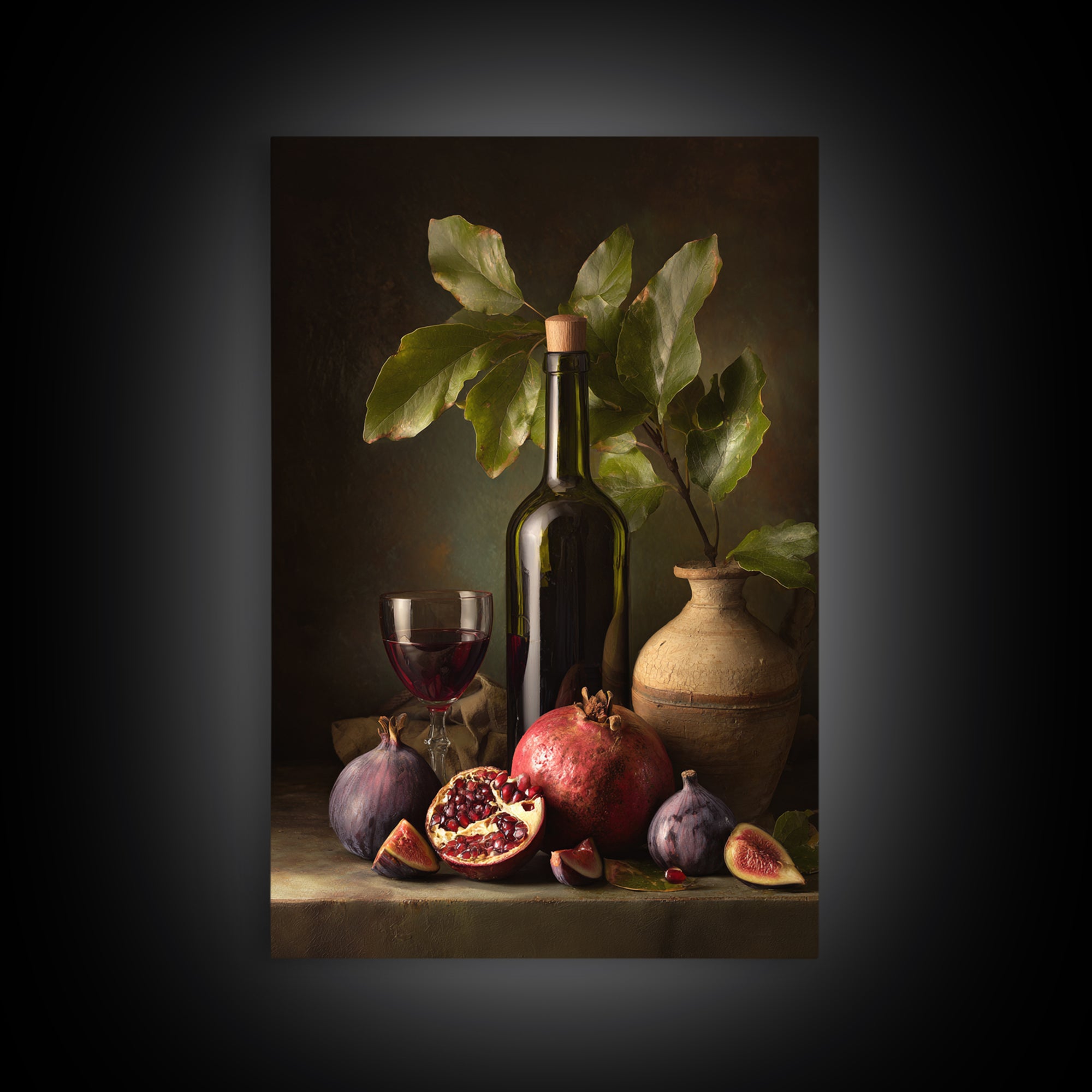 Pomegranate Figs and Red Wine Composition Framed Canvas Print, Winery Art, Watercolor Painting, Winery Decor, Vineyard, WIN-2x3-97