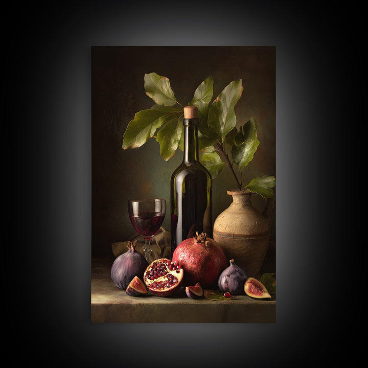 Pomegranate Figs and Red Wine Composition Framed Canvas Print, Winery Art, Watercolor Painting, Winery Decor, Vineyard, WIN-2x3-97