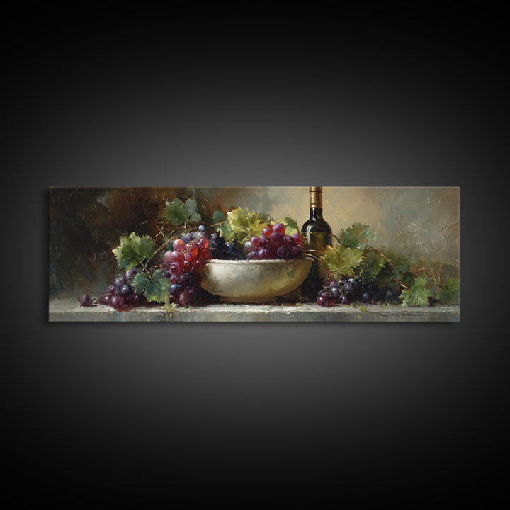 Grapes in a Ceramic Bowl with Shadows Framed Canvas Print, Winery Art, Retro Wall Art, Winery Decor, Fine Art, Vineyard, WIN-3x1-1
