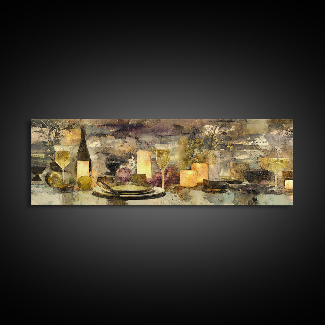 Champagne Coupe with Bubbles and Light Canvas Print, Winery Art, Cocktail Wall Art, Winery Decor, Watercolor Art, Vineyard, WIN-3x1-11