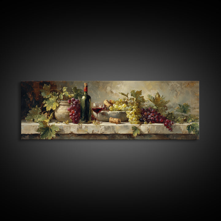 Olive Branch and Wine Glass Mediterranean Still Canvas Print, Winery Art, Retro Wall Art, Winery Decor, Fine Art, Vineyard, WIN-3x1-16