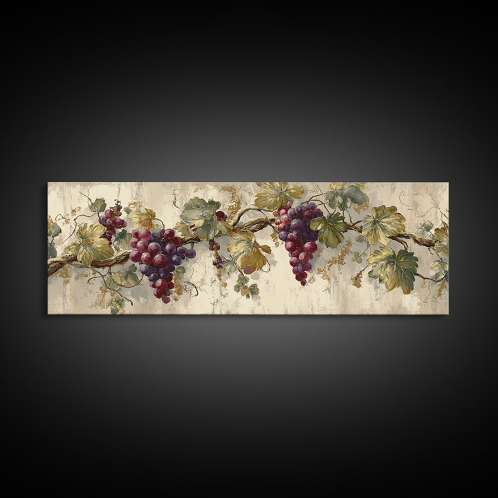 Grapevine Branch with Purple Grapes and Leaves Framed Canvas Print, Winery Art, Gallery Wall Art, Winery Decor, Watercolor Art, WIN-3x1-17