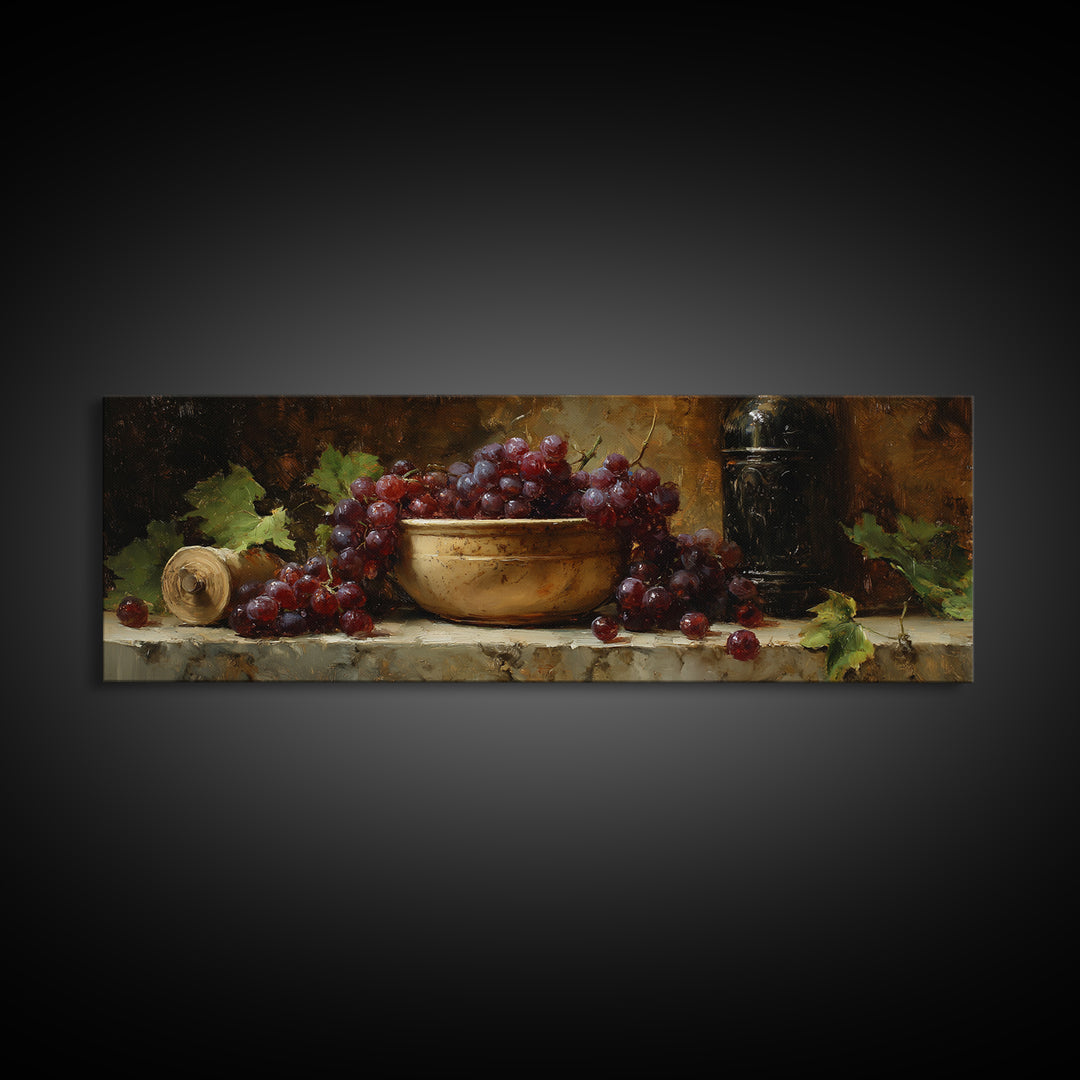 Grapes in a Ceramic Bowl with Shadows Canvas Print, Winery Art, Landscape Art, Winery Decor, Abstract Art, Vineyard, Room Decor, WIN-3x1-25