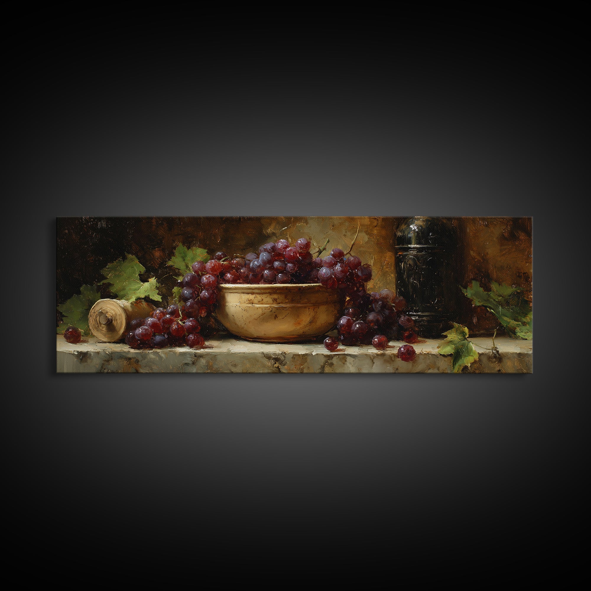 Grapes in a Ceramic Bowl with Shadows Canvas Print, Winery Art, Landscape Art, Winery Decor, Abstract Art, Vineyard, Room Decor, WIN-3x1-25