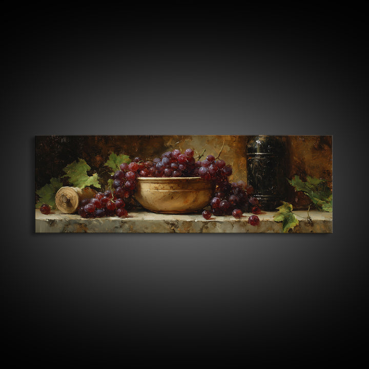 Grapes in a Ceramic Bowl with Shadows Canvas Print, Winery Art, Landscape Art, Winery Decor, Abstract Art, Vineyard, Room Decor, WIN-3x1-25