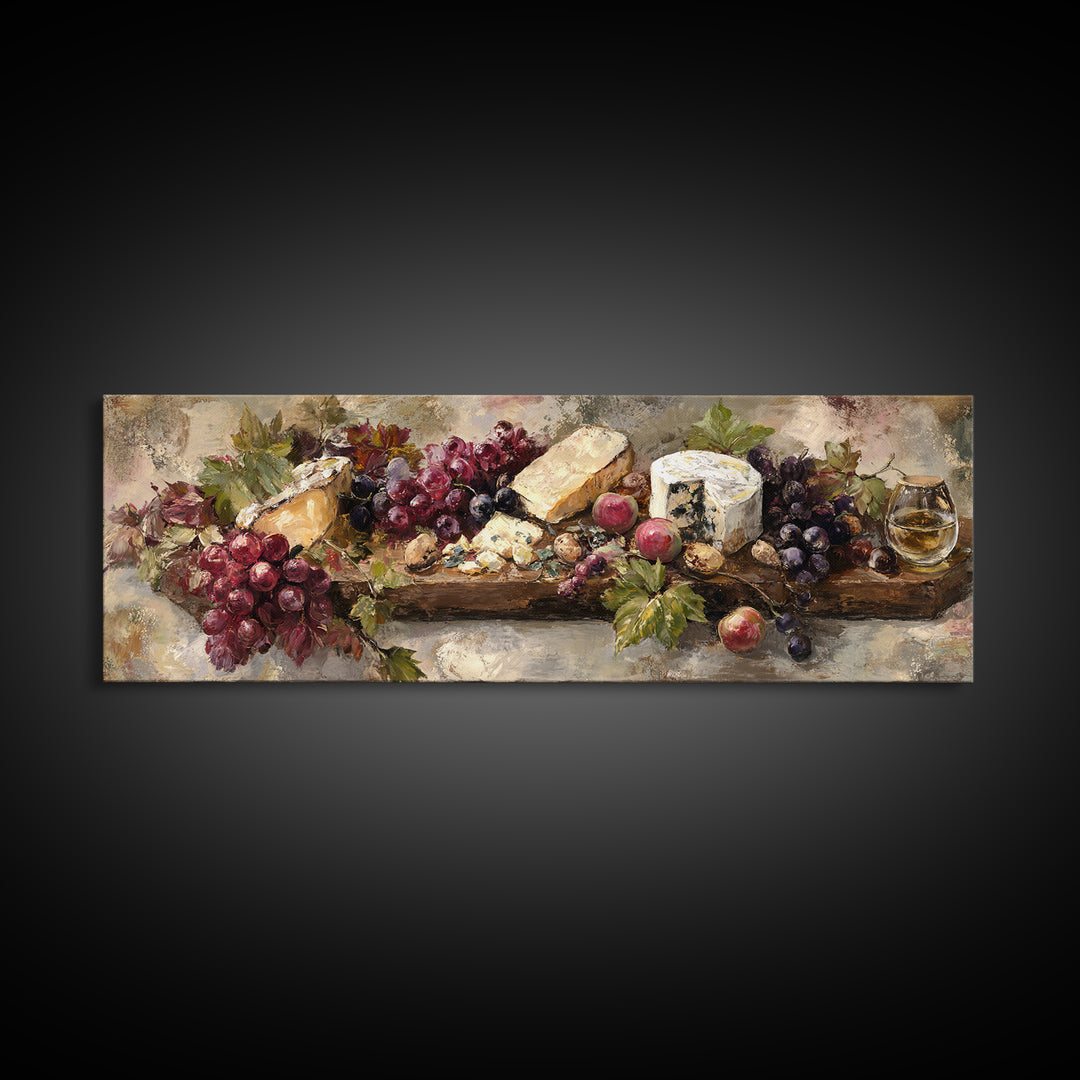 Charcuterie Board with Grapes and Cheese Canvas Print, Winery Art, Kitchen Wall Decor, Winery Decor, Oil Painting, Vineyard, WIN-3x1-29