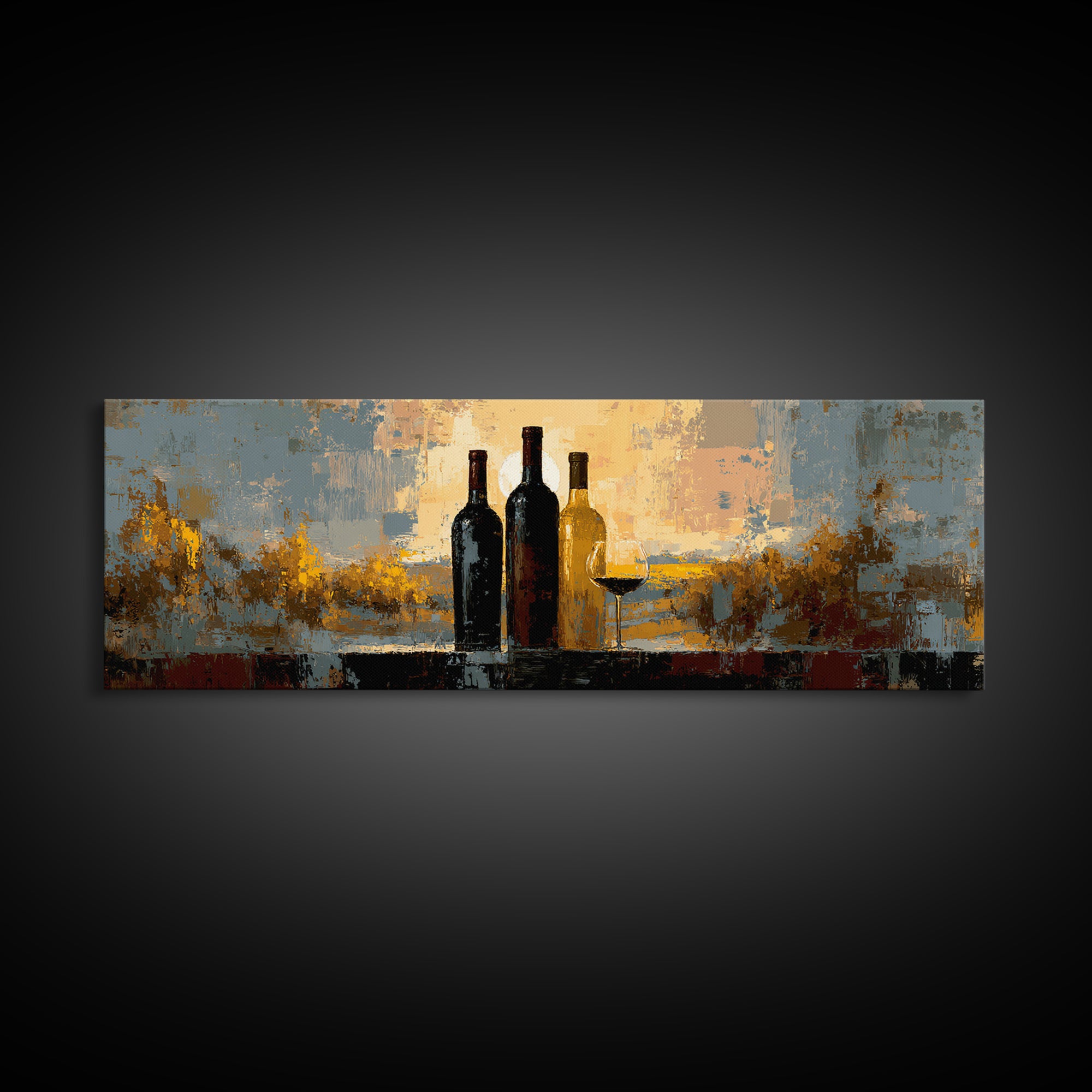 Black and Gold Wine Bottle Silhouette Framed Canvas Print, Winery Art, Cocktail Wall Art, Winery Decor, Watercolor Art, WIN-3x1-32