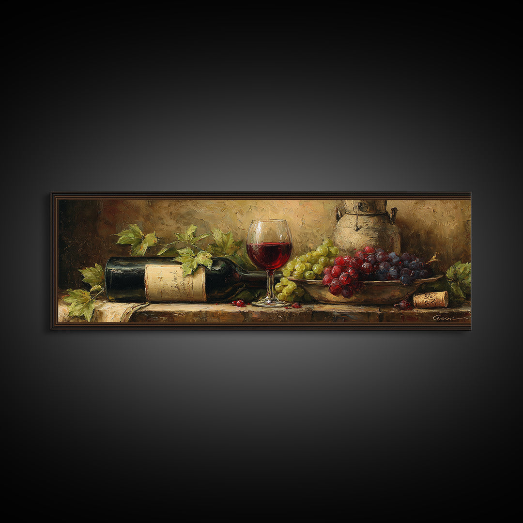 Olive Branch and Wine Glass Mediterranean Still Canvas Print, Winery Art, Neutral Decor, Winery Decor, Oil Painting, Vineyard, WIN-3x1-40