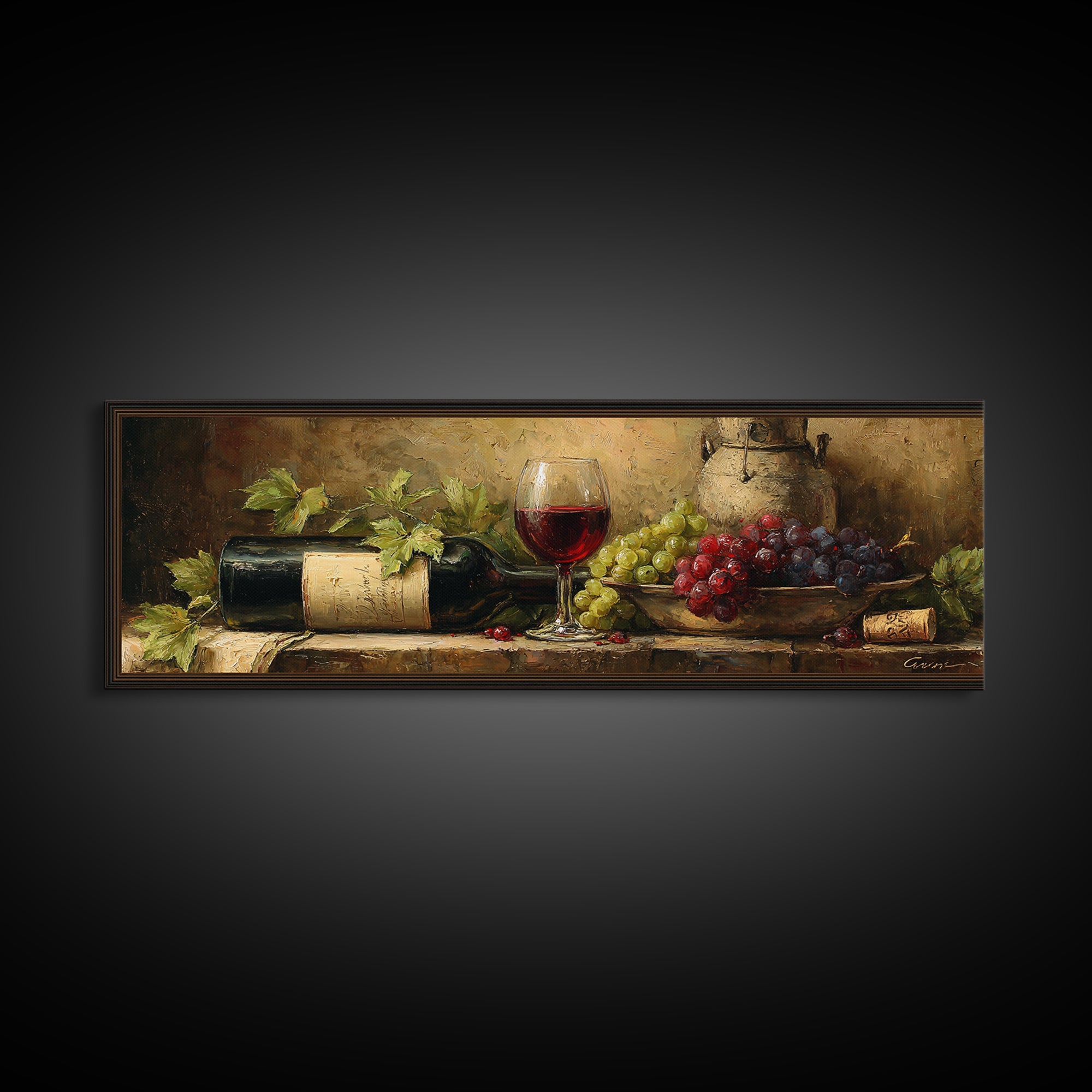 Olive Branch and Wine Glass Mediterranean Still Canvas Print, Winery Art, Neutral Decor, Winery Decor, Oil Painting, Vineyard, WIN-3x1-40
