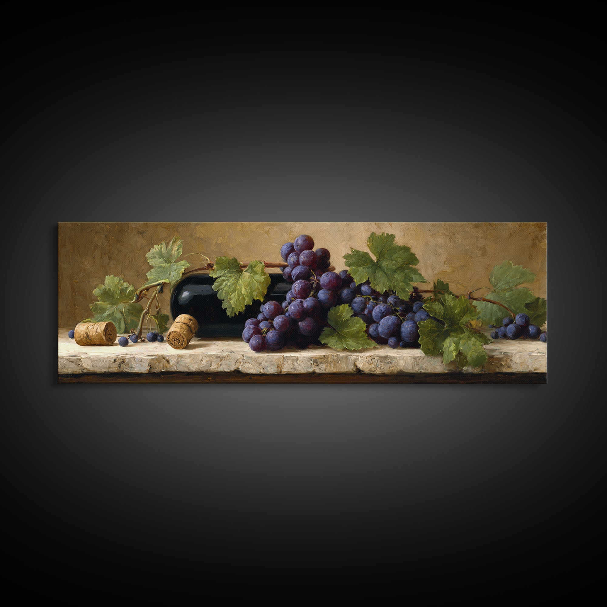 Grapevine Branch with Purple Grapes and Leaves Canvas Print, Winery Art, Cocktail Wall Art, Winery Decor, Fine Art, Vineyard, WIN-3x1-41