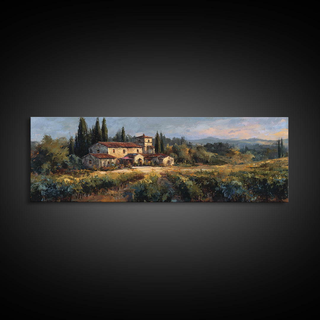 Tuscan Vineyard at Golden Hour Canvas Print, Winery Art, Print, Winery Decor, Vineyard, Wall Art Print, Watercolor Painting, WIN-3x1-43
