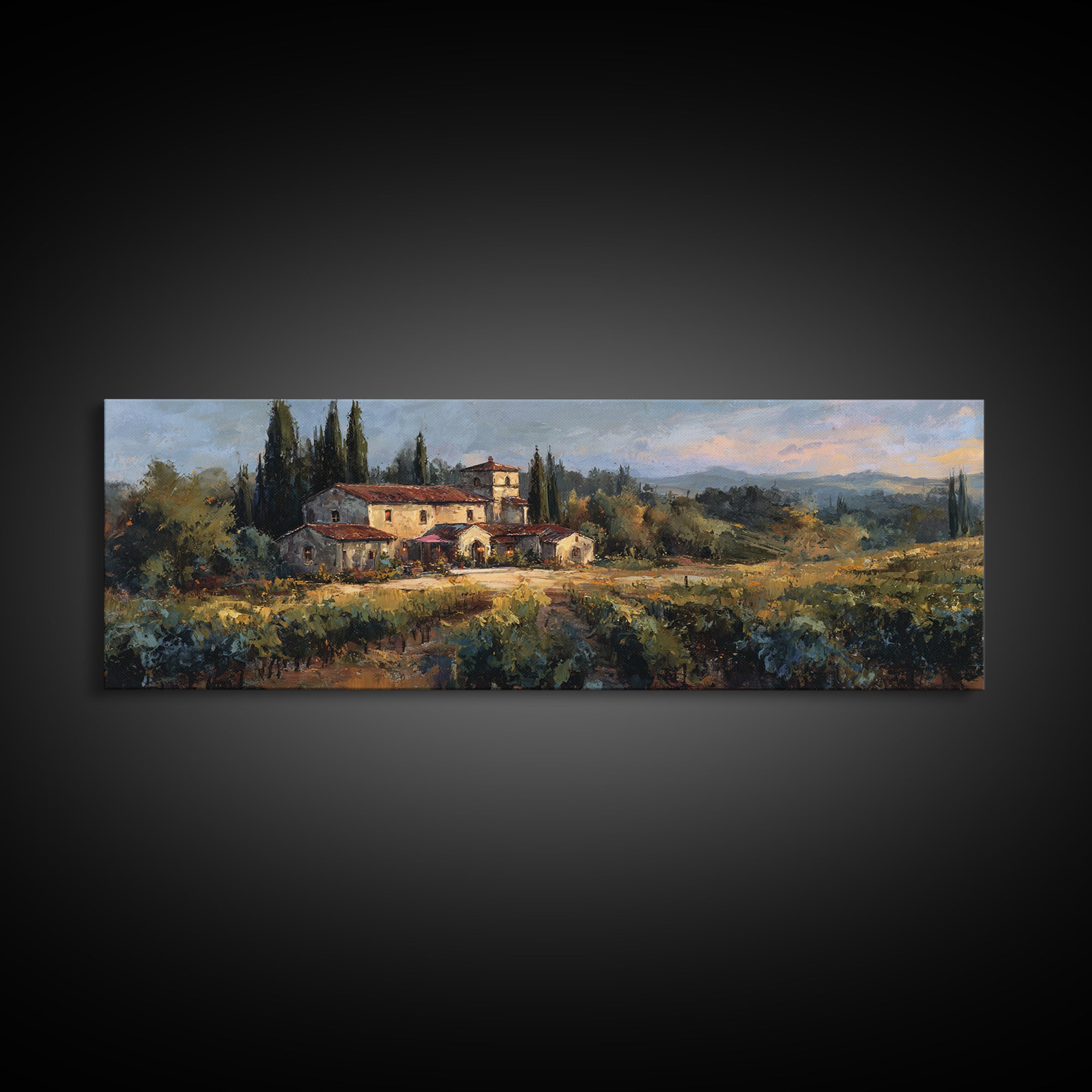 Tuscan Vineyard at Golden Hour Canvas Print, Winery Art, Print, Winery Decor, Vineyard, Wall Art Print, Watercolor Painting, WIN-3x1-43