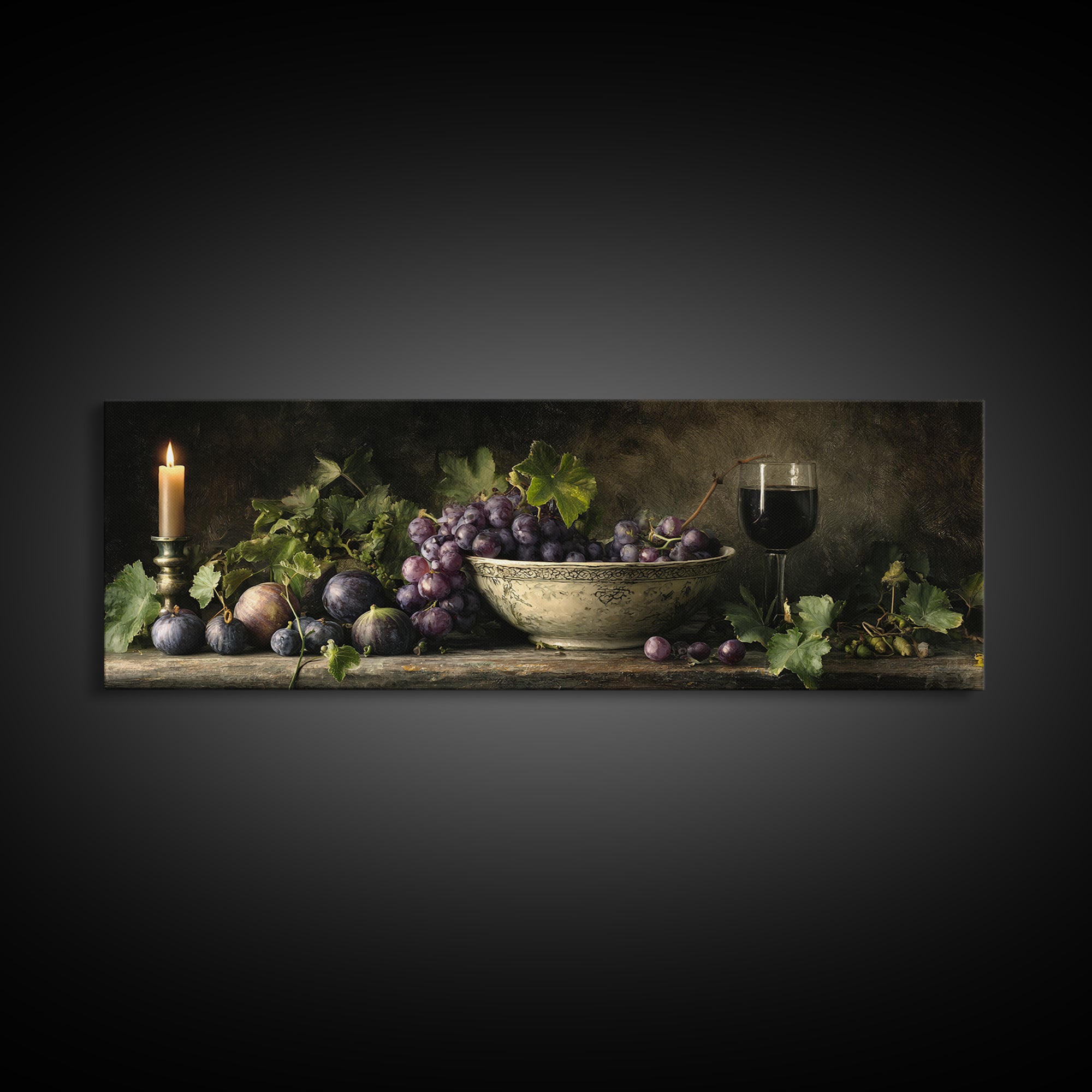 Grapes in a Ceramic Bowl with Shadows Canvas Print, Winery Art, Landscape Art, Winery Decor, Abstract Art, Vineyard, Room Decor, WIN-3x1-49