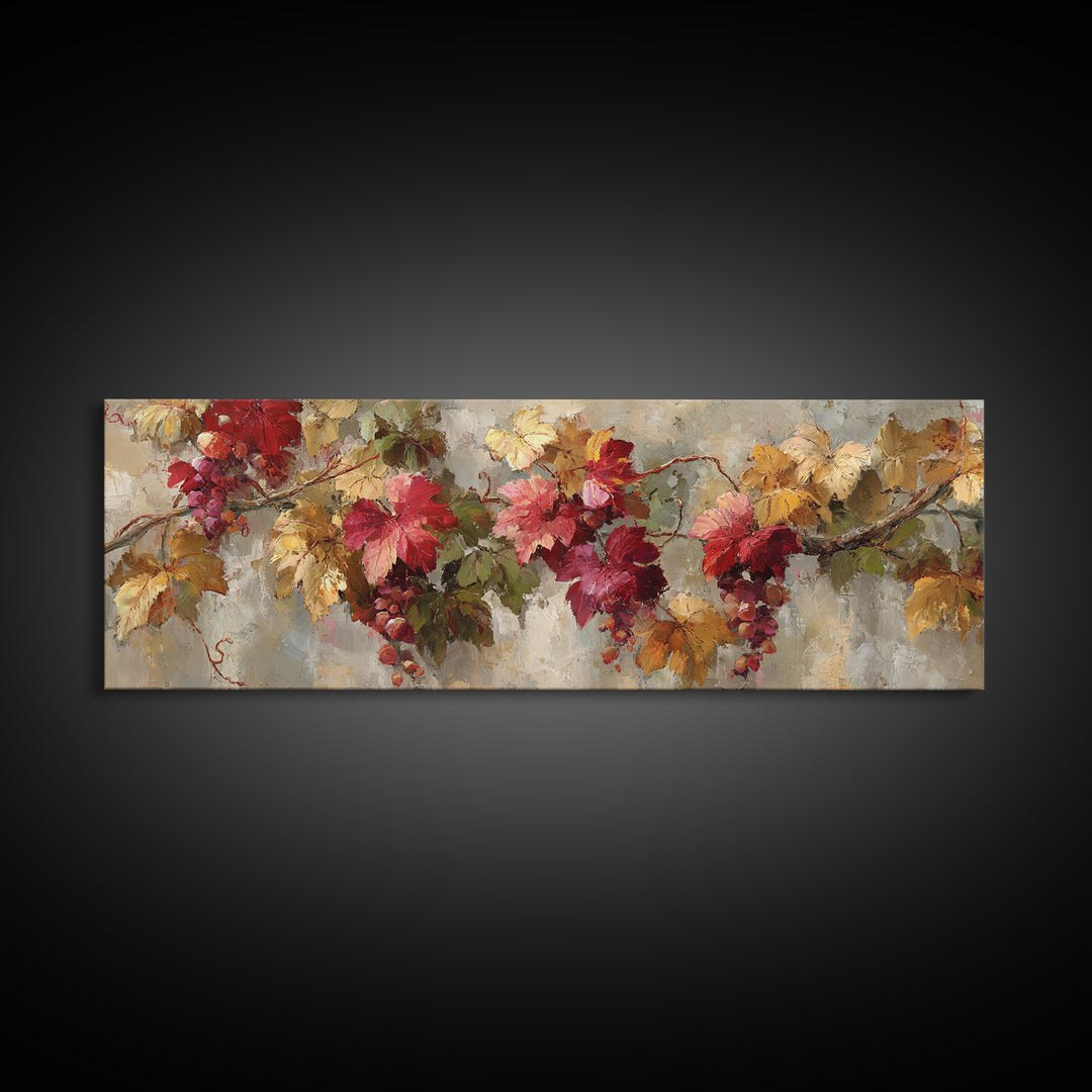 Vine Leaves Turning Autumn Red and Gold Framed Canvas Print, Winery Art, Printable Wall Art, Winery Decor, Fine Art, Vineyard, WIN-3x1-51