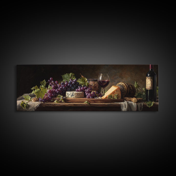 Charcuterie Board with Grapes and Cheese Framed Canvas Print, Winery Art, Bar Art, Winery Decor, Fine Art, Vineyard, WIN-3x1-53