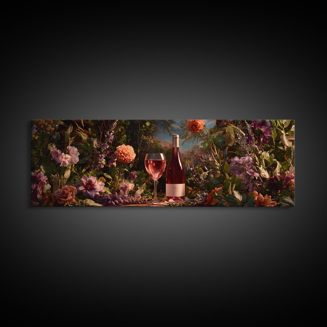 Ros Glass Beside Summer Flowers Canvas Print, Winery Art, Living Room Art, Winery Decor, Watercolor Art, Vineyard, WIN-3x1-54