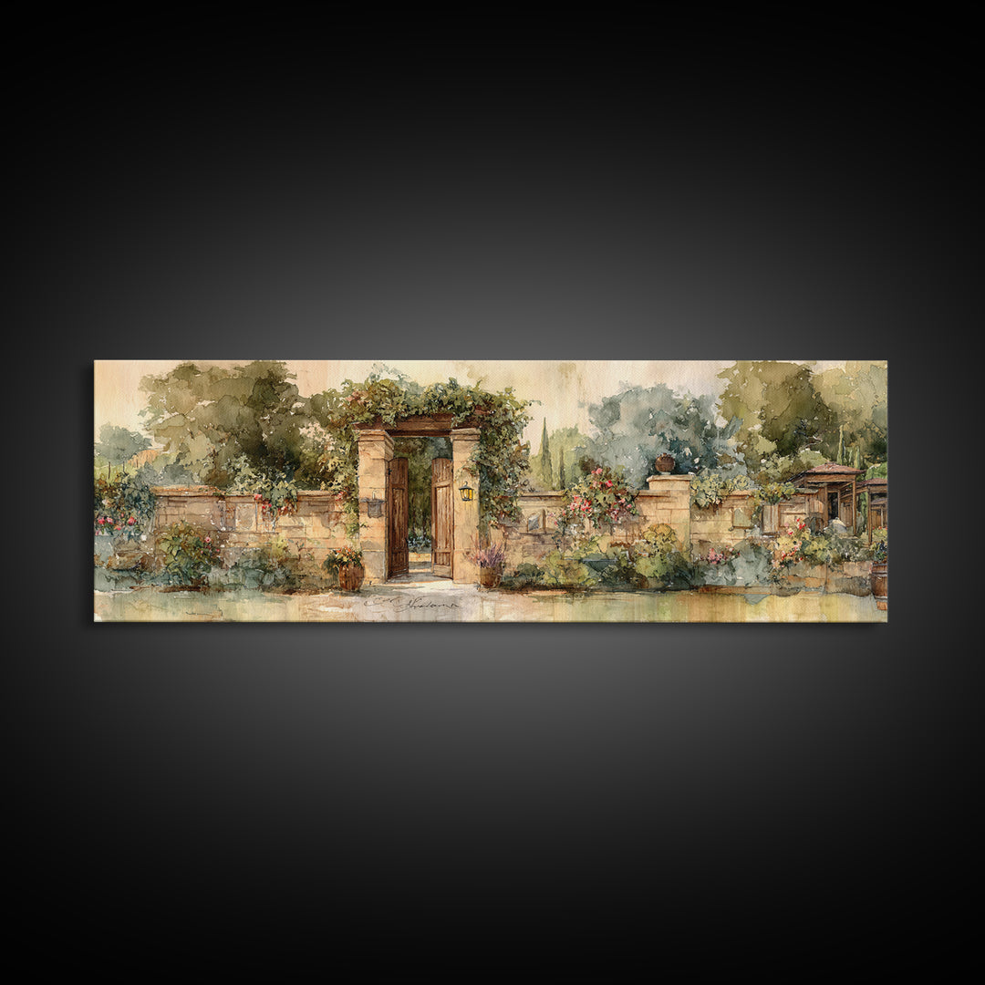 Vineyard Gate with Climbing Roses Framed Canvas Print, Winery Art, Wall Decor, Winery Decor, Fine Art, Vineyard, Kitchen Art, WIN-3x1-55