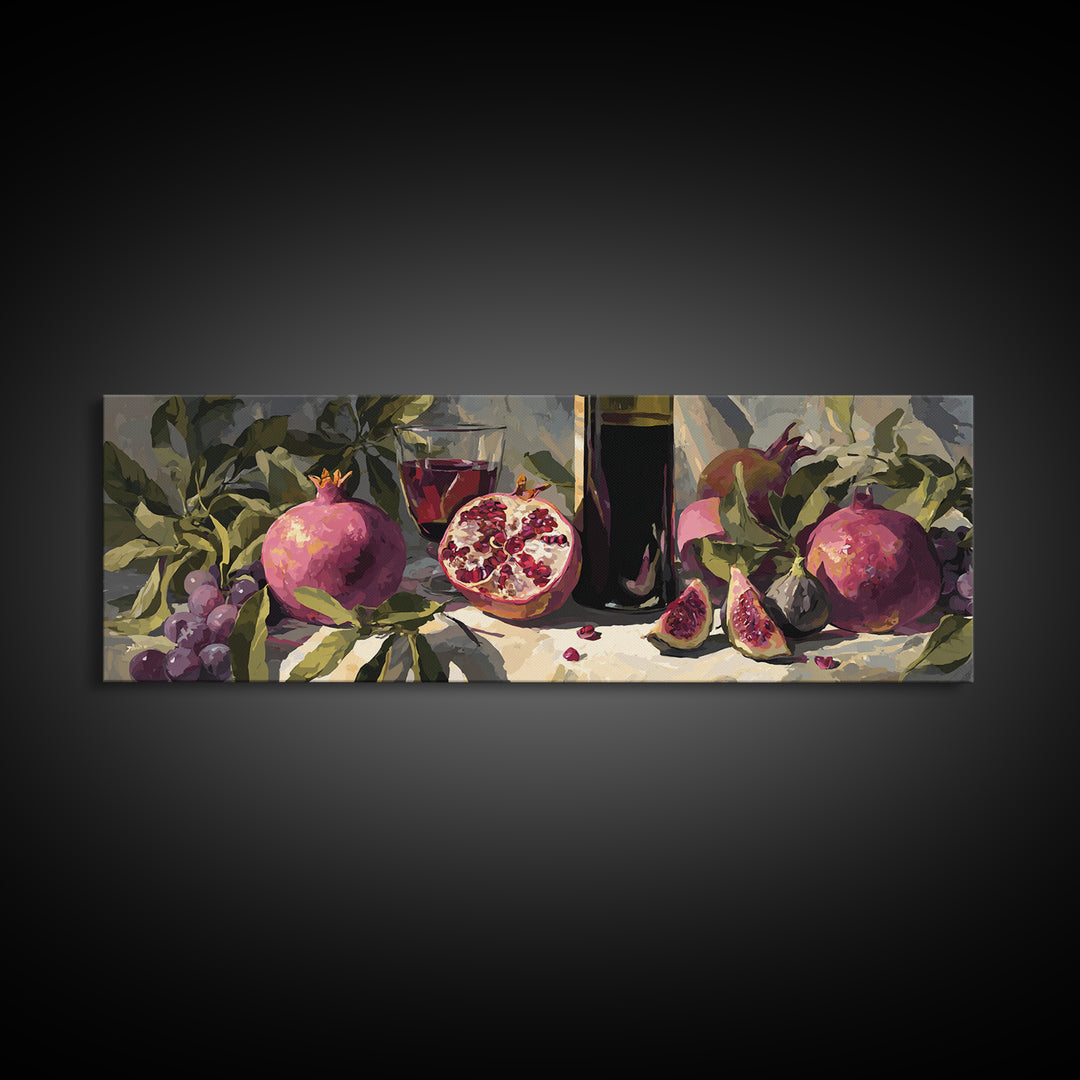Pomegranate Figs and Red Wine Composition Framed Canvas Print, Winery Art, Living Room Art, Winery Decor, Fine Art, Vineyard, WIN-3x1-57